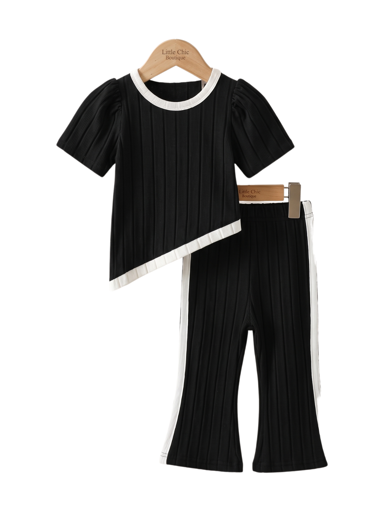 Girls Ribbed Contrast Flare Top & Pant Set