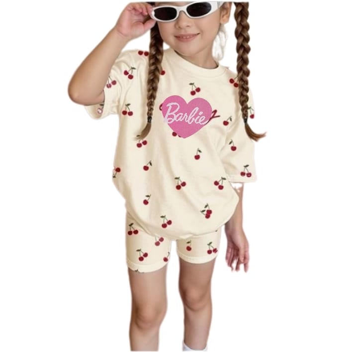 Kids Cherry Print Drop-Shoulder T-Shirt & Shorts