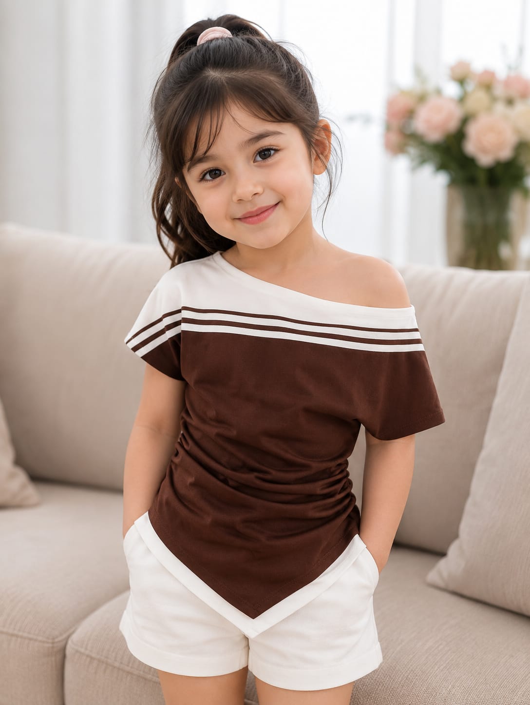 Girls Brown Off-Shoulder Striped Top & White Shorts Set 1 years to 12years