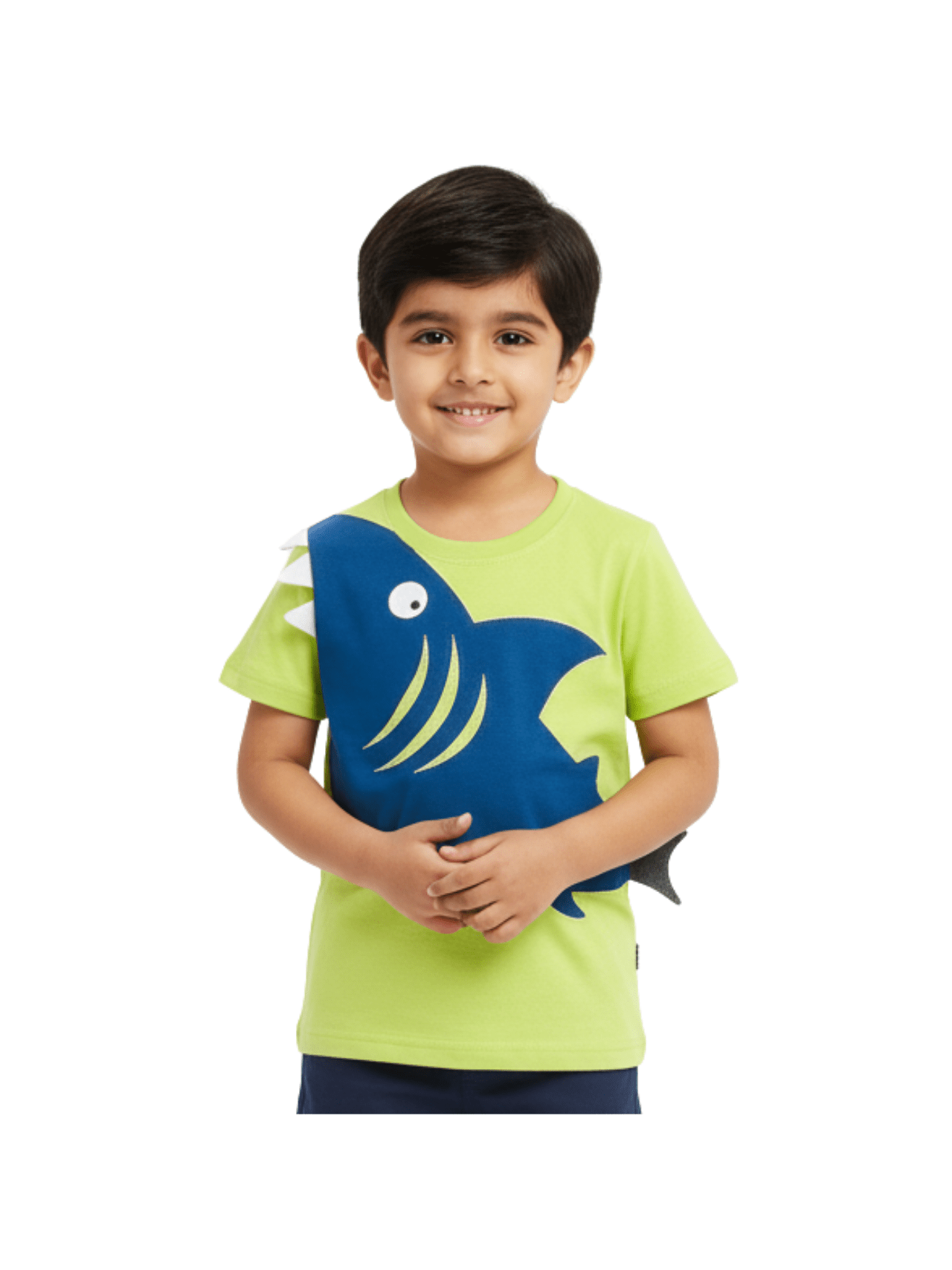 Boys' 3D Shark T-Shirt - Neon Green Cotton Tee with Appliqué Detail - Childrengoods