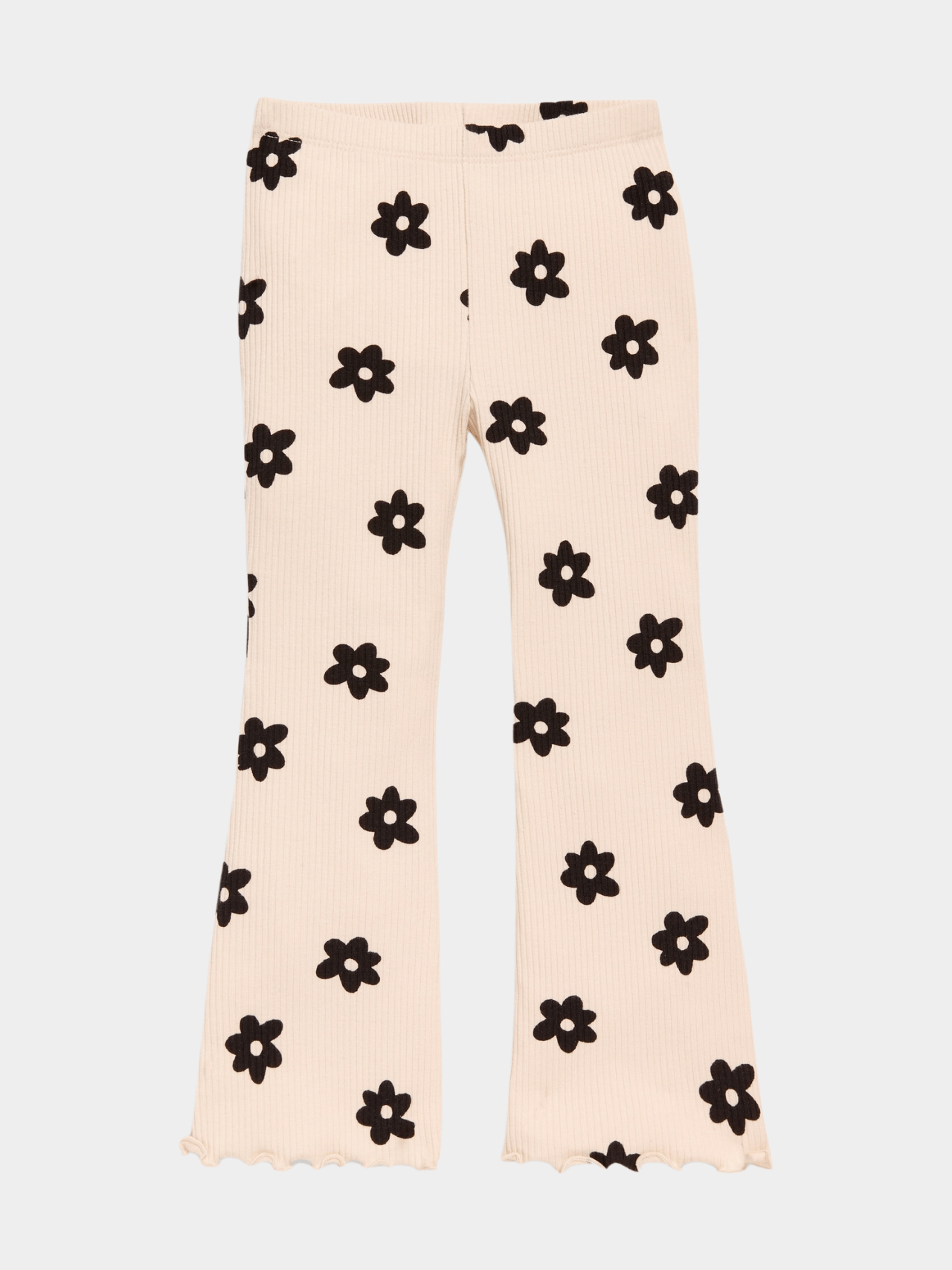 Girls' Beige & Black Daisy Ribbed Flared Pants - Childrengoods
