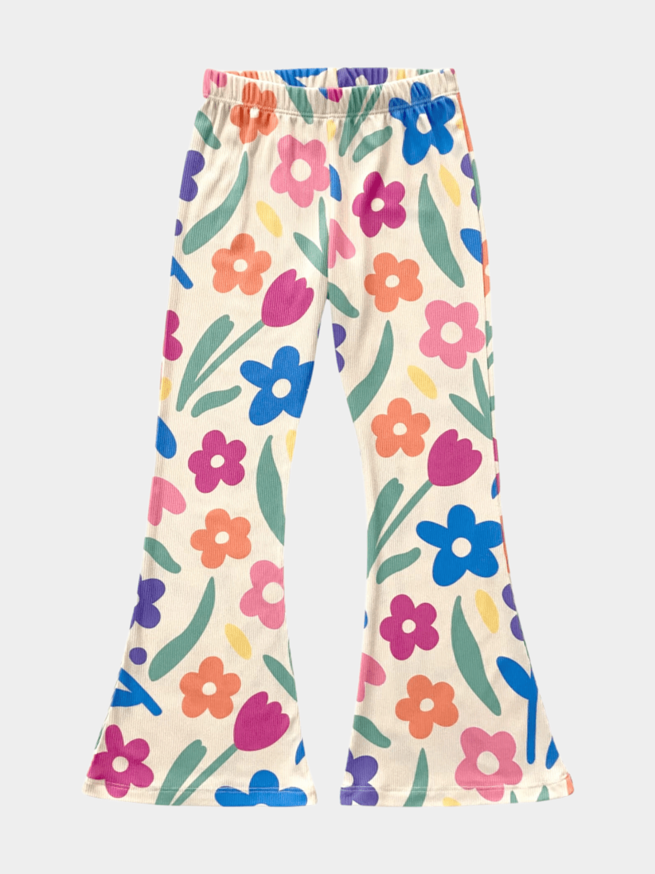 Girls' Colorful Floral Print Ribbed Flared Pants - Childrengoods
