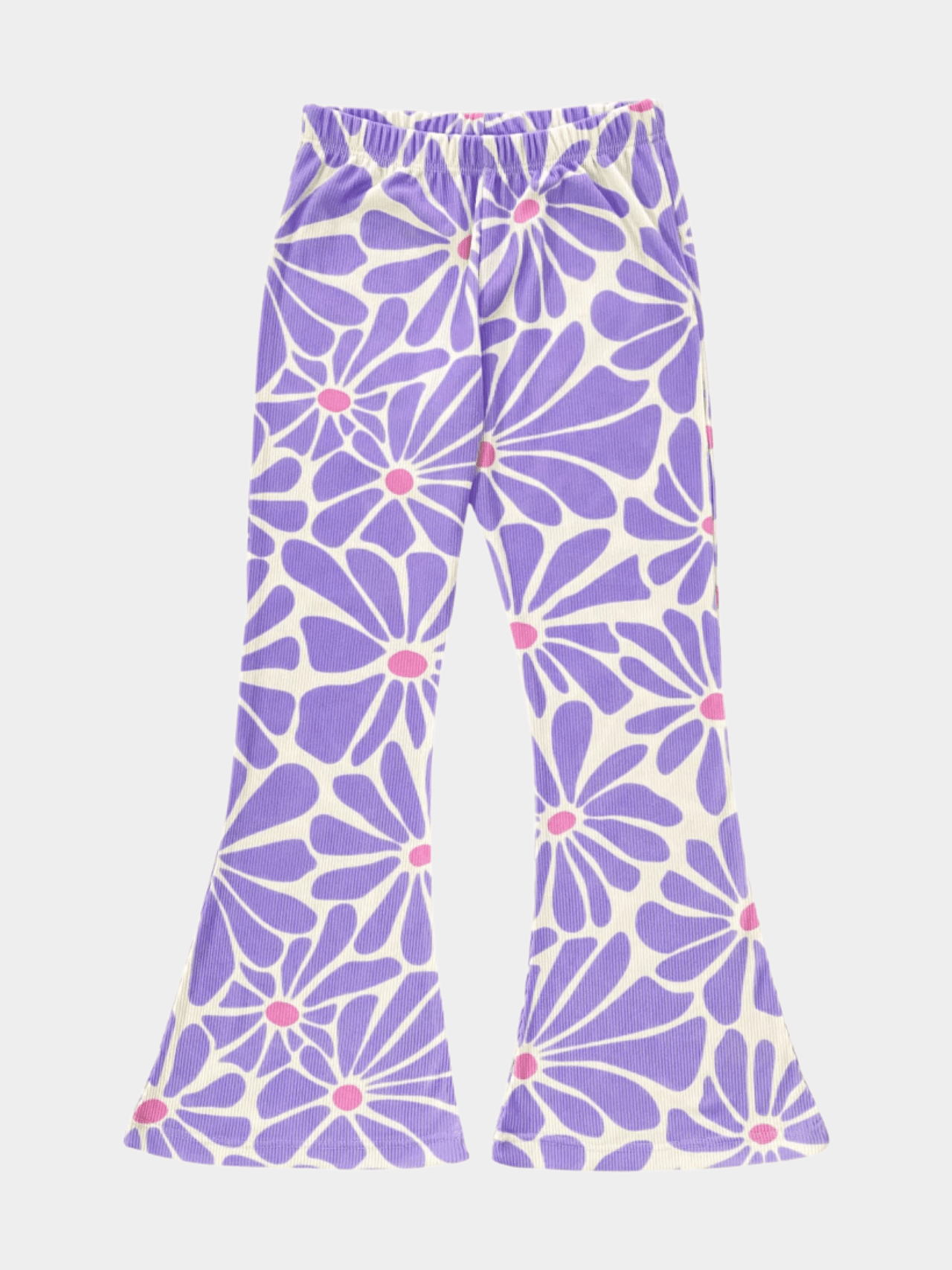 Girls' Lilac Retro Daisy Print Ribbed Flared Pants - Childrengoods
