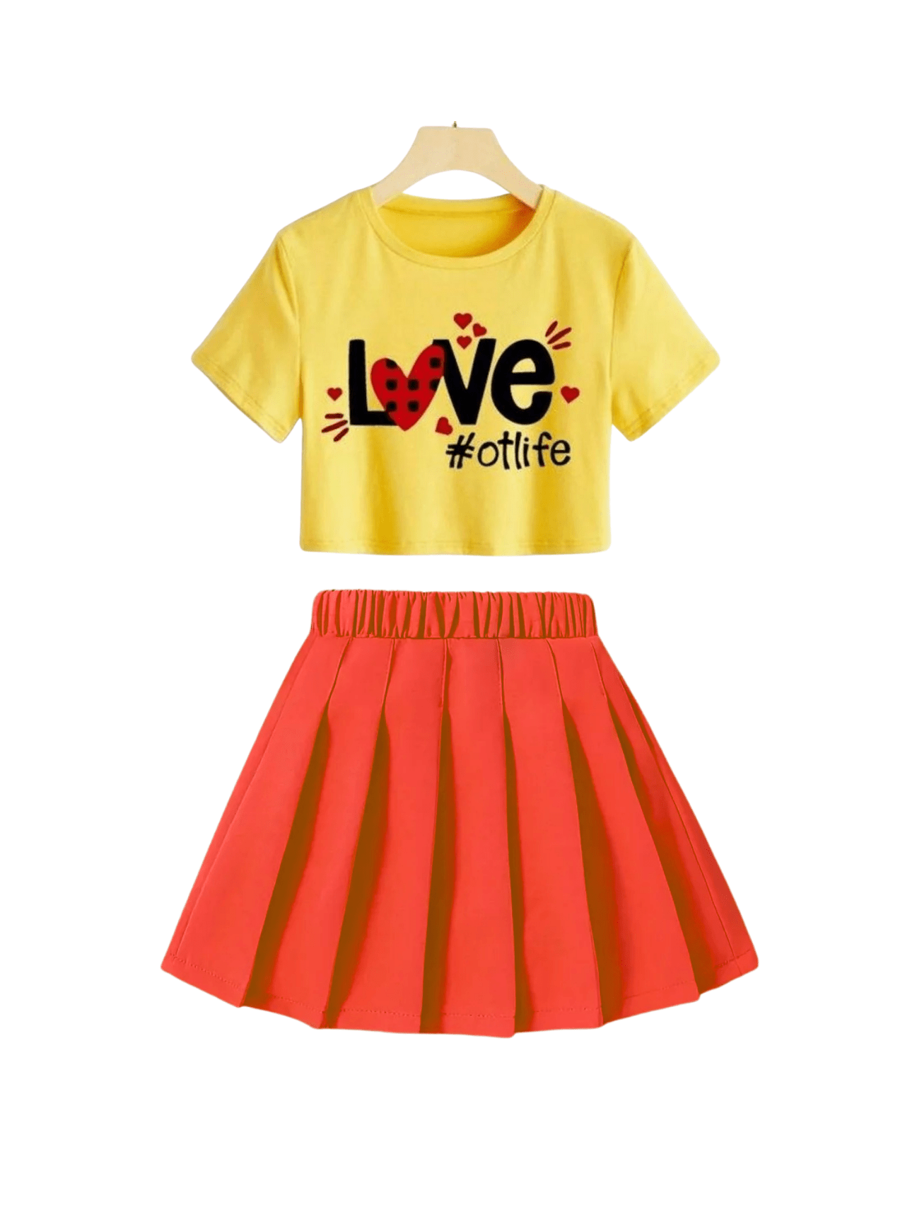 Girls' "Love" Crop Top & Pleated Skirt Set - Yellow Graphic Tee & Red Mini Skirt Outfit - Childrengoods