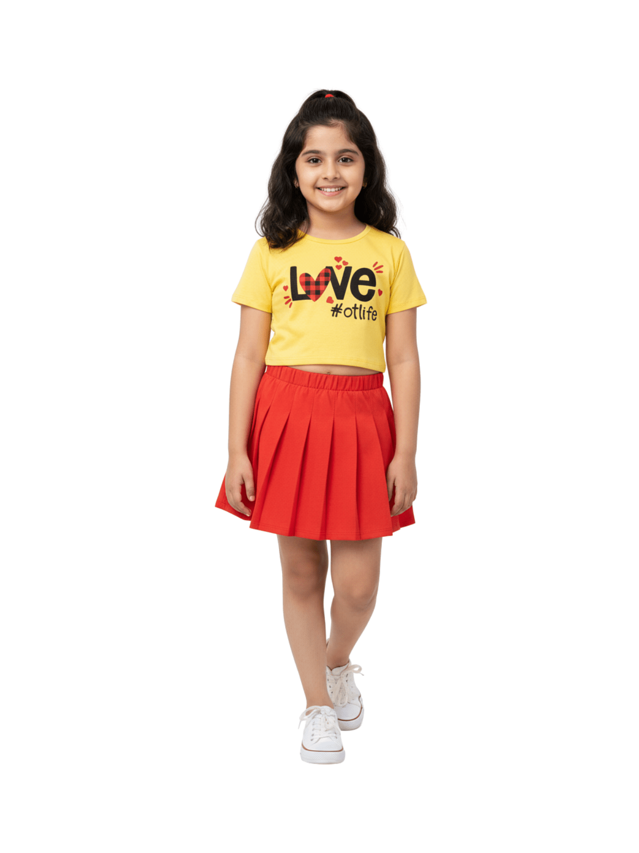 Girls' "Love" Crop Top & Pleated Skirt Set - Yellow Graphic Tee & Red Mini Skirt Outfit - Childrengoods