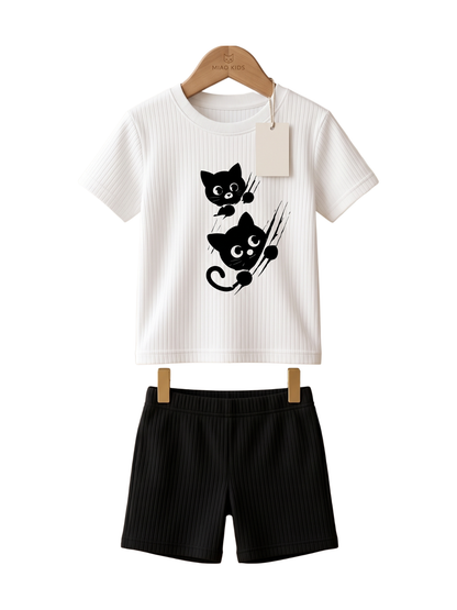 Kids Cat Printed T-Shirt & Shorts Set