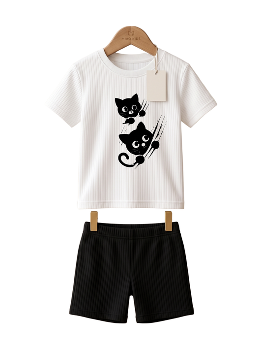 Kids Cat Printed T-Shirt & Shorts Set