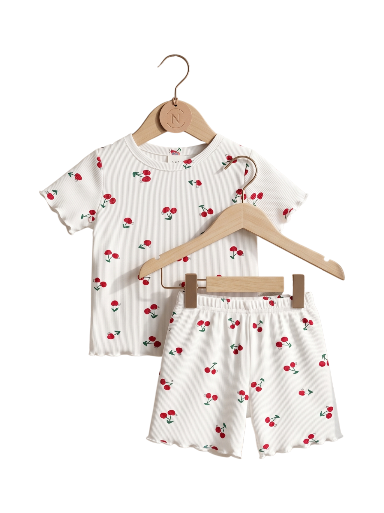 Kids Cherry Print Ribbed T-Shirt & Shorts Set
