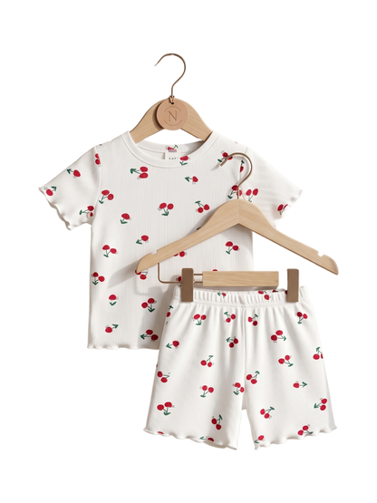 Kids Cherry Print Ribbed T-Shirt & Shorts Set