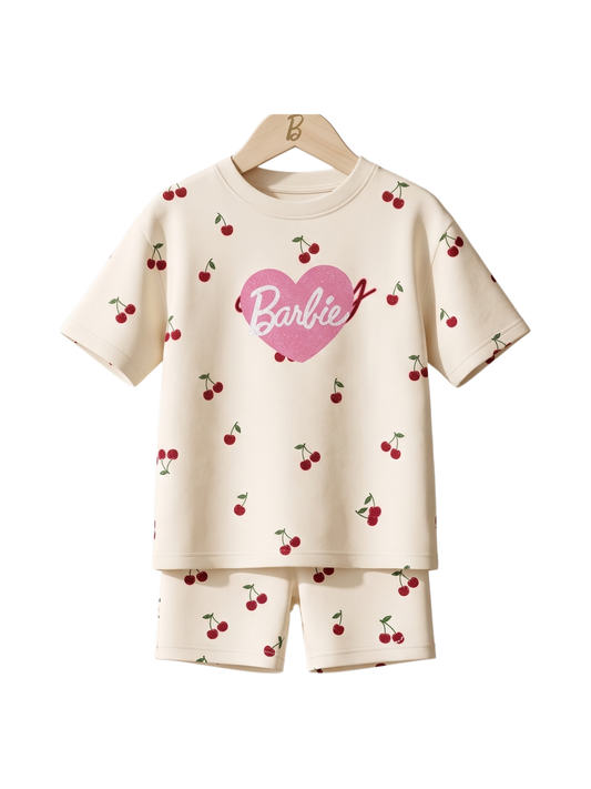 Kids Cherry Print Drop-Shoulder T-Shirt & Shorts