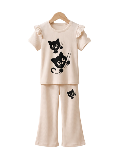 Girls Cat Print Ribbed Flare Top & Pant Set