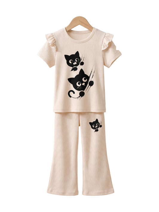 Girls Cat Print Ribbed Flare Top & Pant Set
