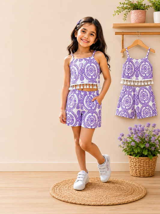 Girls Blue & White Boho Print Tassel Crop Top & Shorts Set 6 month to 8 years