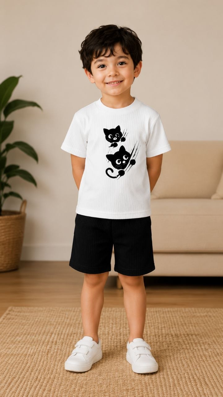 Kids Cat Printed T-Shirt & Shorts Set
