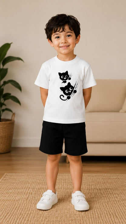 Kids Cat Printed T-Shirt & Shorts Set