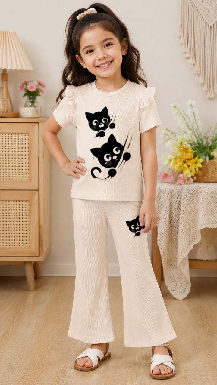 Girls Cat Print Ribbed Flare Top & Pant Set