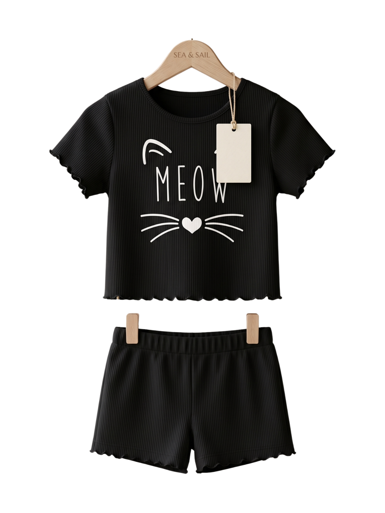 Kids Meow Print T-Shirt & Shorts Set