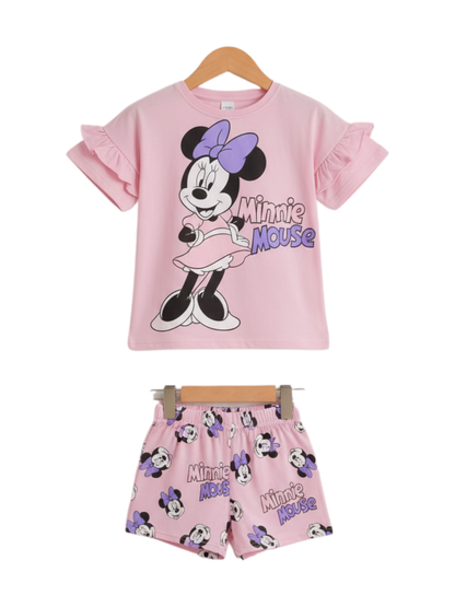 Girls Minnie Mouse Pink Ruffle T-Shirt Set