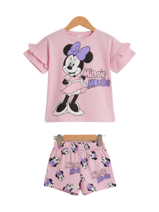 Girls Minnie Mouse Pink Ruffle T-Shirt Set