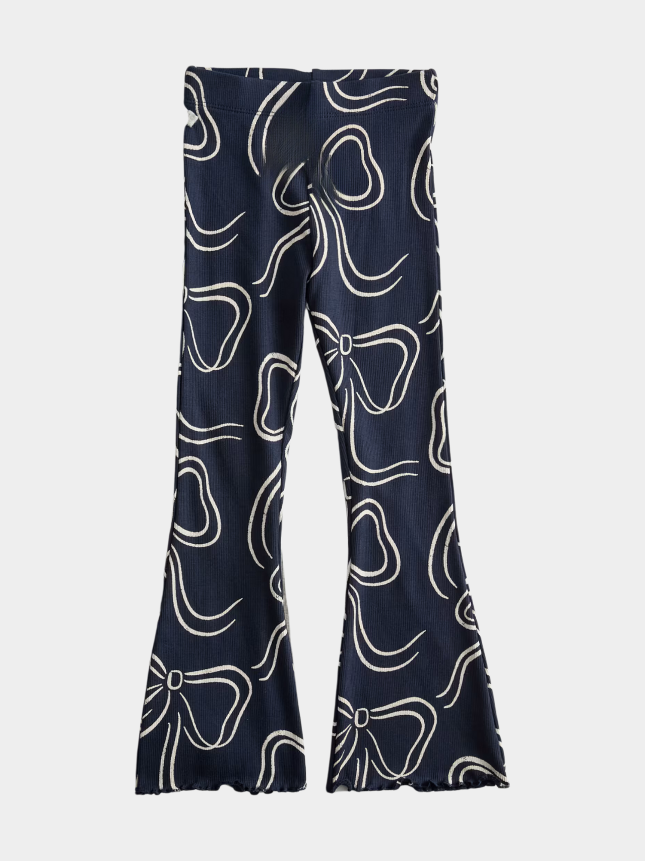 Girls Navy & White Bow Print Ribbed Flared Pants