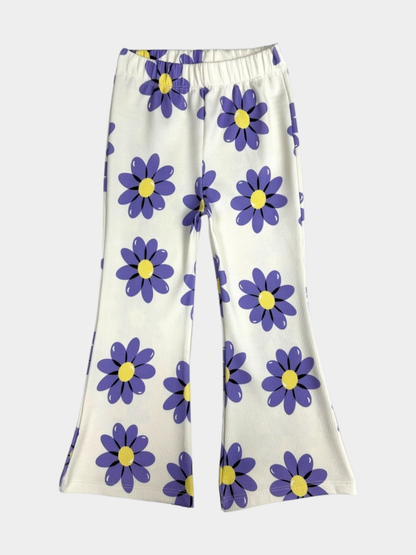 Girls Blue Daisy Ribbed Flared Pants