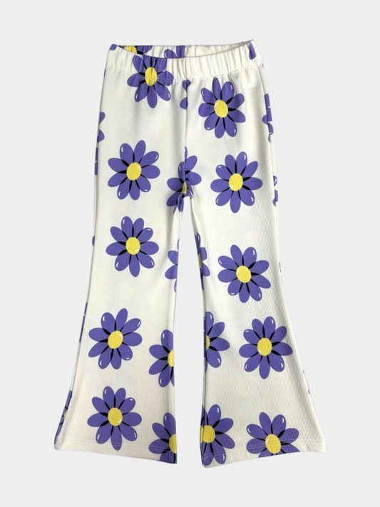 Girls Blue Daisy Ribbed Flared Pants