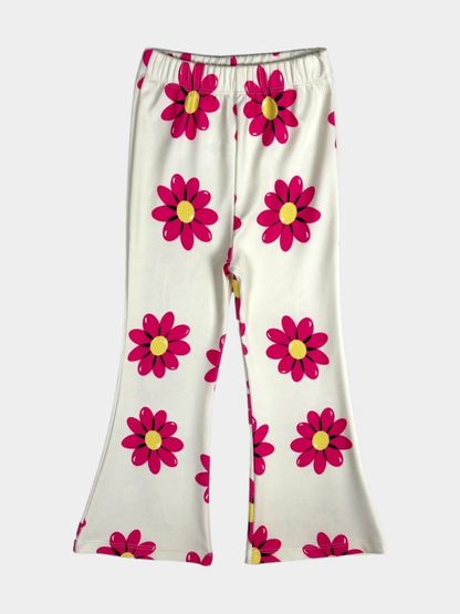 Girls Rose Pink Daisy Ribbed Flared Pants