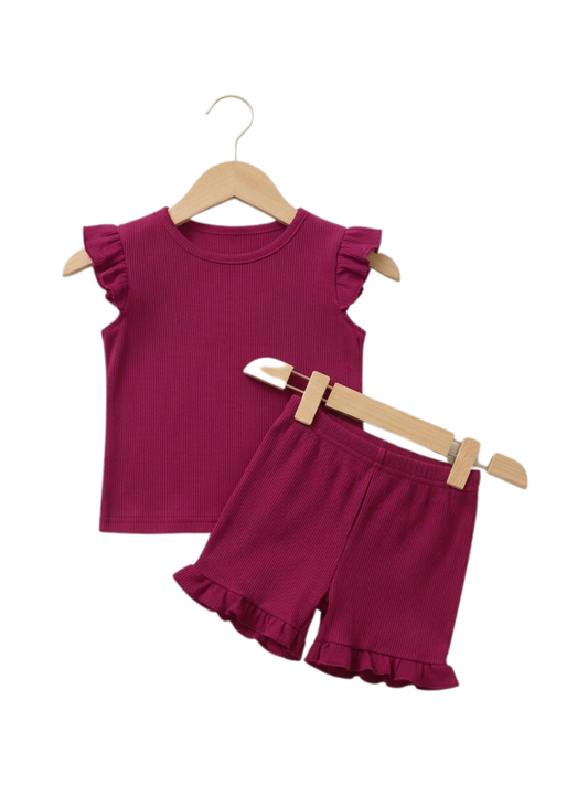Girls Light Maroon Ribbed Top & Pant Set