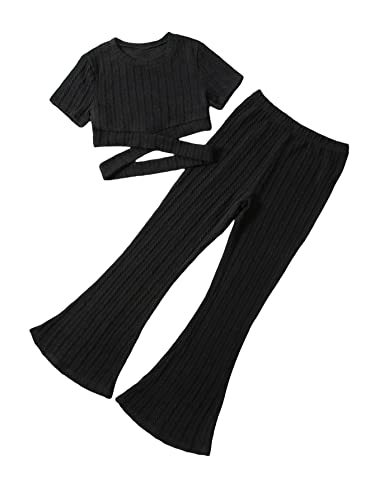 Girls' Crops Top & flared pant Set - Oversized Tee and Black Biker Outfit)