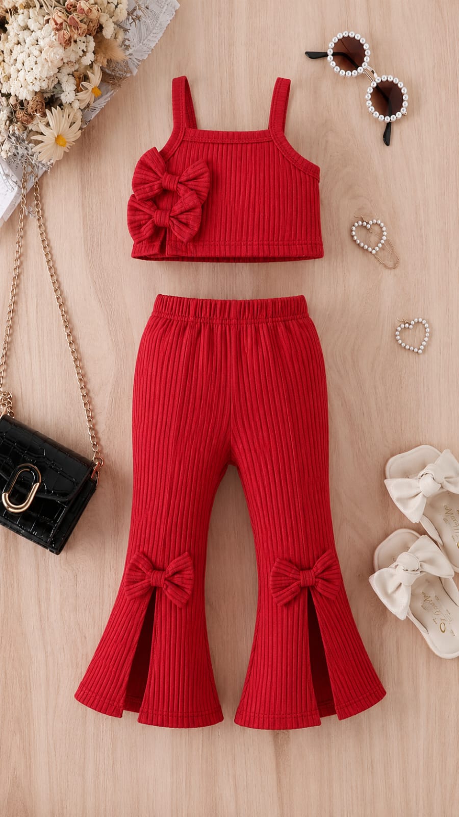 Girls red Ribbed Flare Top & Pant Set  1 year to 14 years