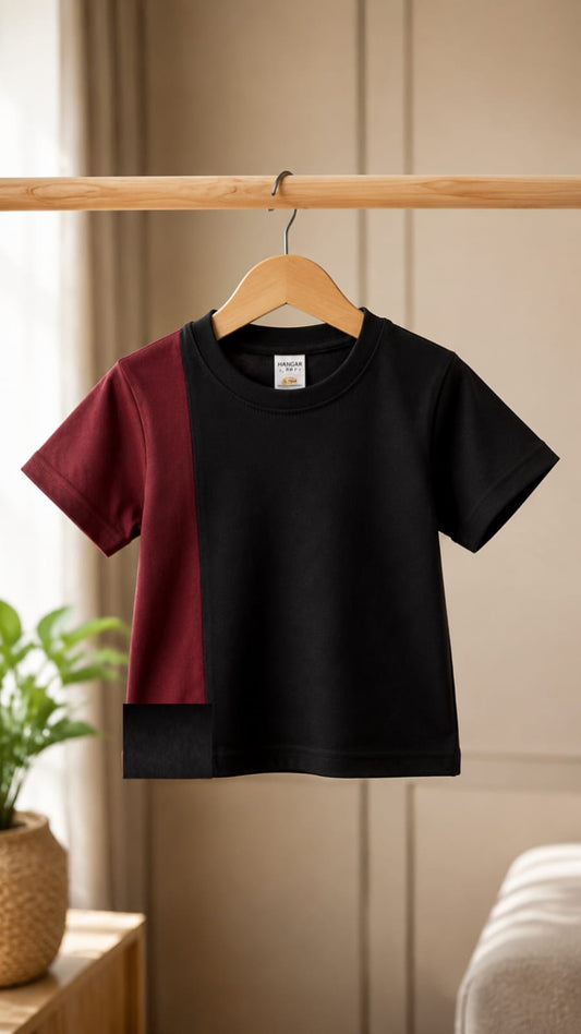 Girls merun & Black contast Shoulder drops Knit Tops