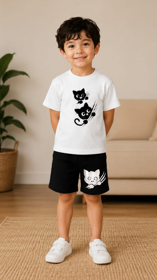 Kids Cat Printed T-Shirt & Shorts Set