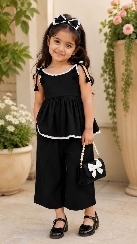 Girls  white leis and black fabric Tops &  pant set  for 6 month to 12 years
