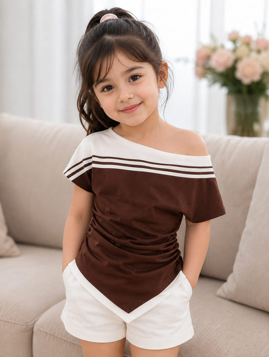 Girls Brown Off-Shoulder Striped Top & White Shorts Set  1 years to 12years