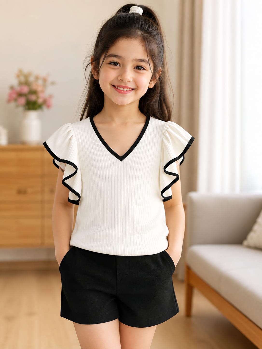 Girls White Ribbed Ruffle Sleeve Top & Black Shorts Set 1 year to 8 years