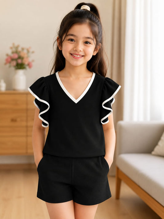 Girls Black V-Neck Ruffle Sleeve Top & Shorts Set 1 year to 8 years