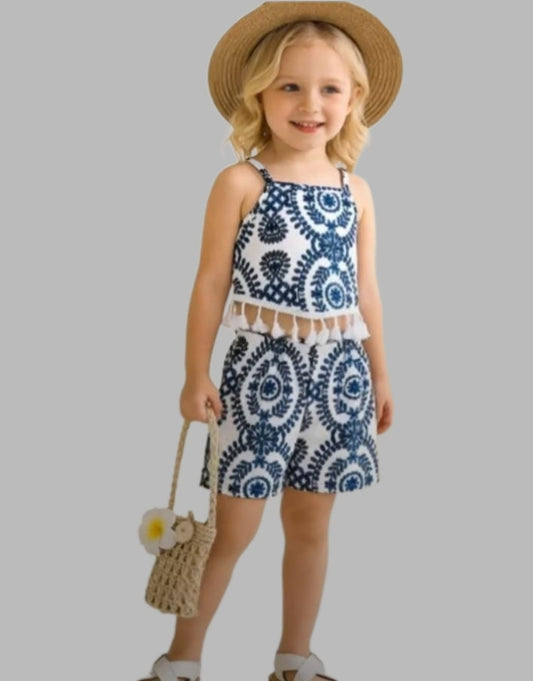 Girls Blue & White Boho Print Tassel Crop Top & Shorts Set 6 month to 8 years