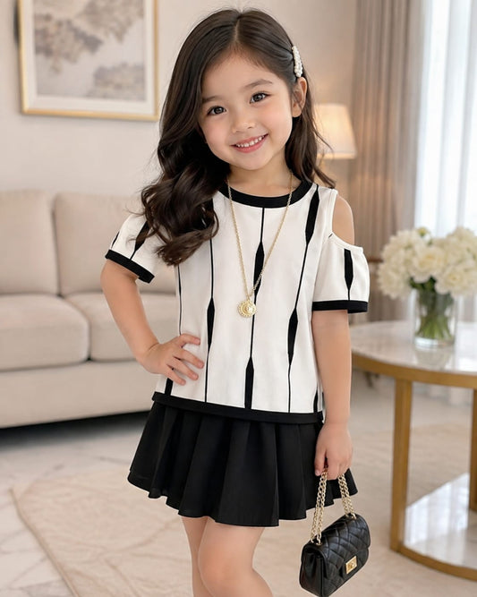 White Stripe Cold Shoulder Top & Black Pleated Skirt Set  1 to 8 years