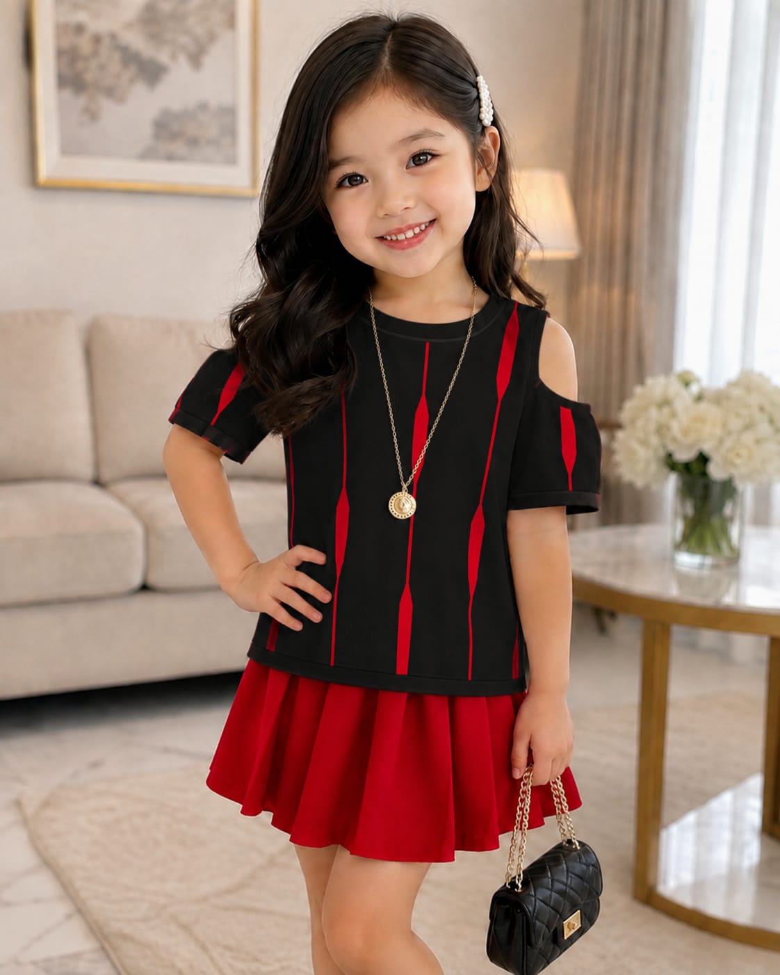 black Stripe Cold Shoulder Top & red Pleated Skirt Set  1 to 8 years (Copy)