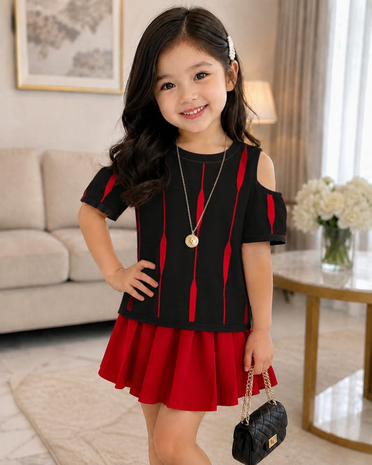 black Stripe Cold Shoulder Top & red Pleated Skirt Set  1 to 8 years (Copy)