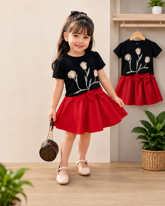 Girl's flower printed Top & Pleated Skirt Set