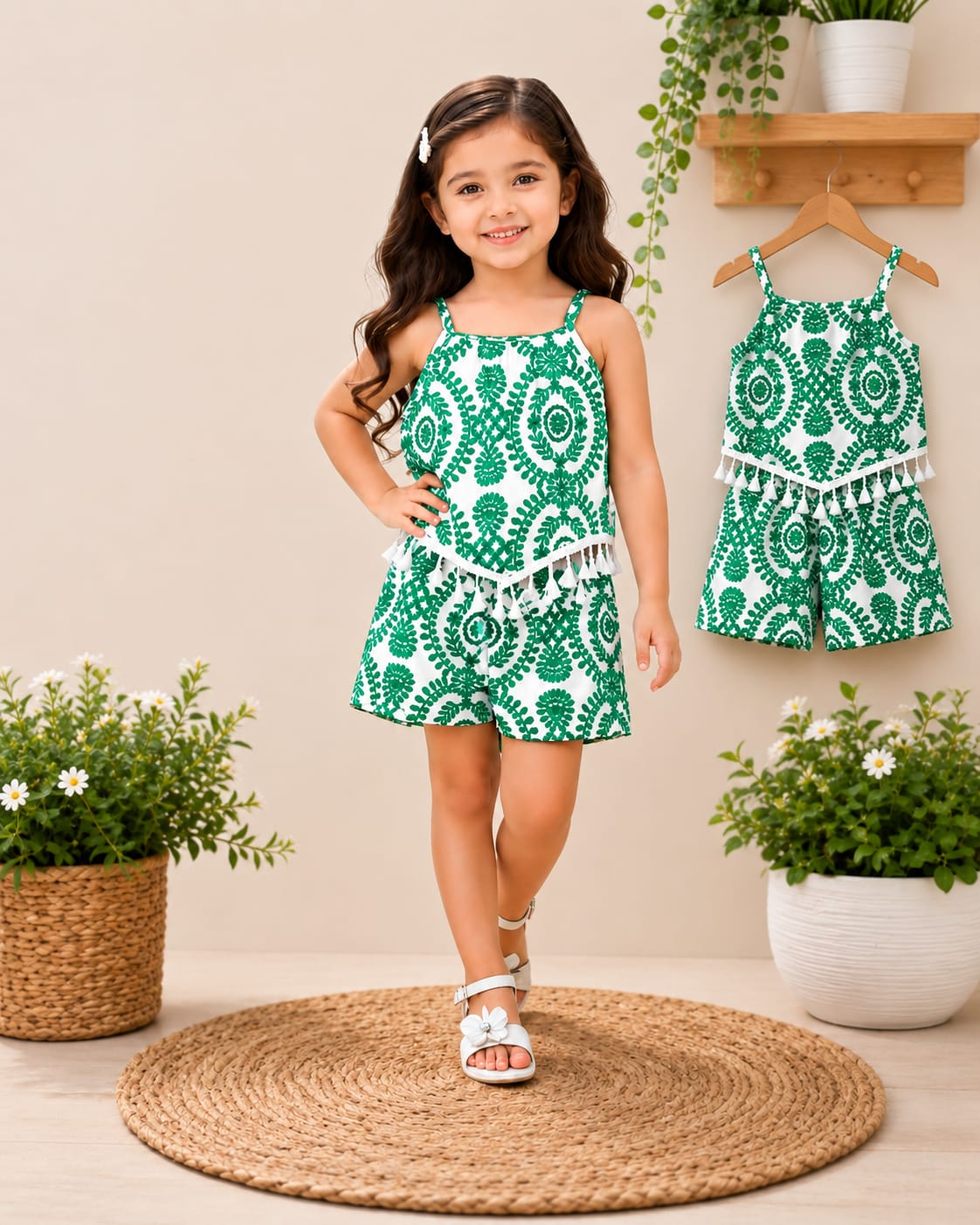 Girls Blue & White Boho Print Tassel Crop Top & Shorts Set 6 month to 8 years