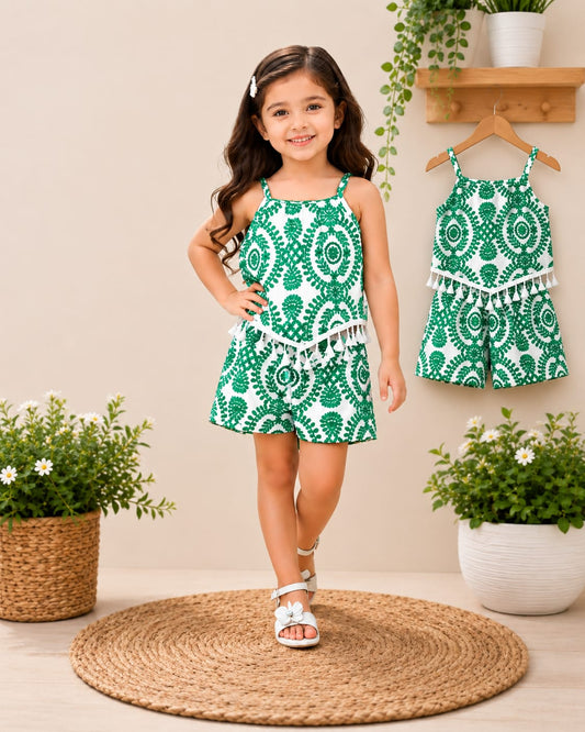 Girls Blue & White Boho Print Tassel Crop Top & Shorts Set 6 month to 8 years