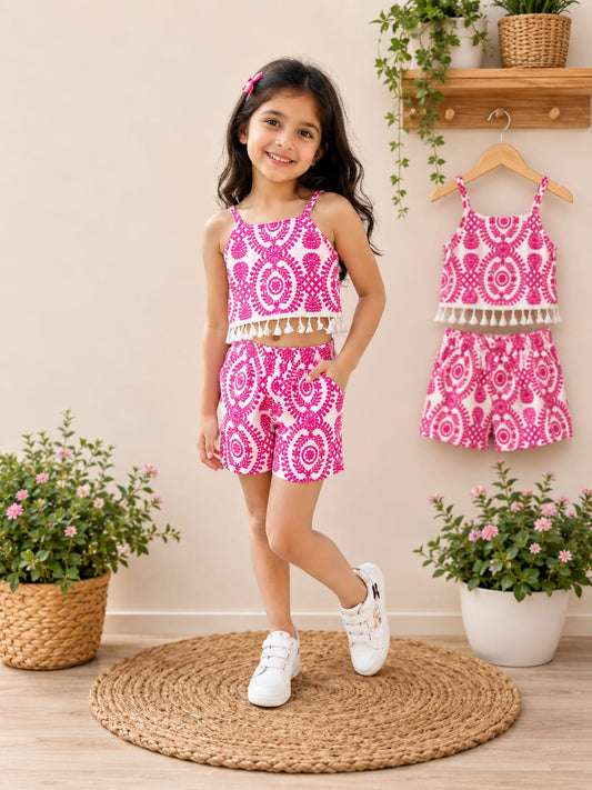 Girls Blue & White Boho Print Tassel Crop Top & Shorts Set 6 month to 8 years