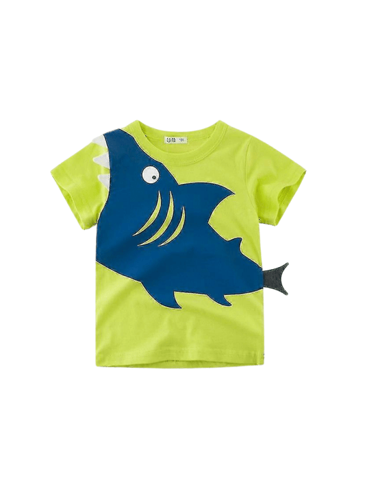 Boys' 3D Shark T-Shirt - Neon Green Cotton Tee with Appliqué Detail - Childrengoods