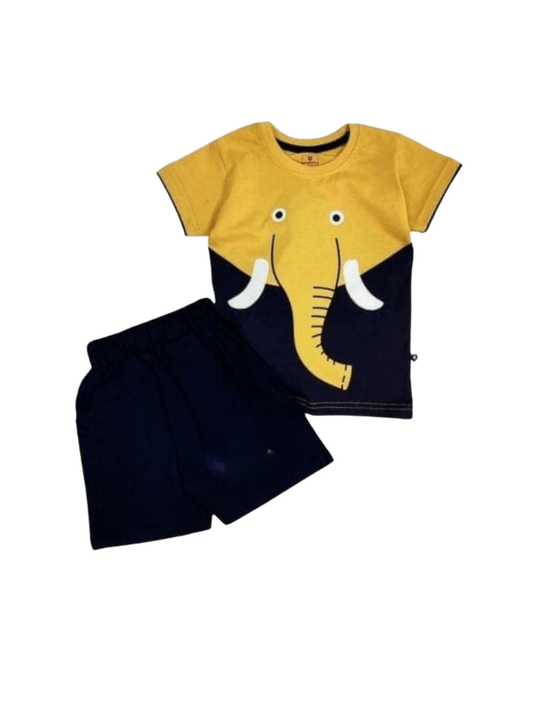 Boys' Elephant Face T-Shirt & Navy Shorts Set - Yellow & Blue Graphic Outfit - Childrengoods