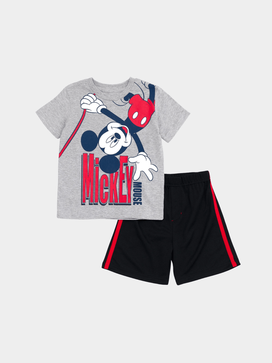 Boys Mickey Mouse T-Shirt & Shorts Set - Gray Graphic Tee & Black Athletic Outfit - Childrengoods