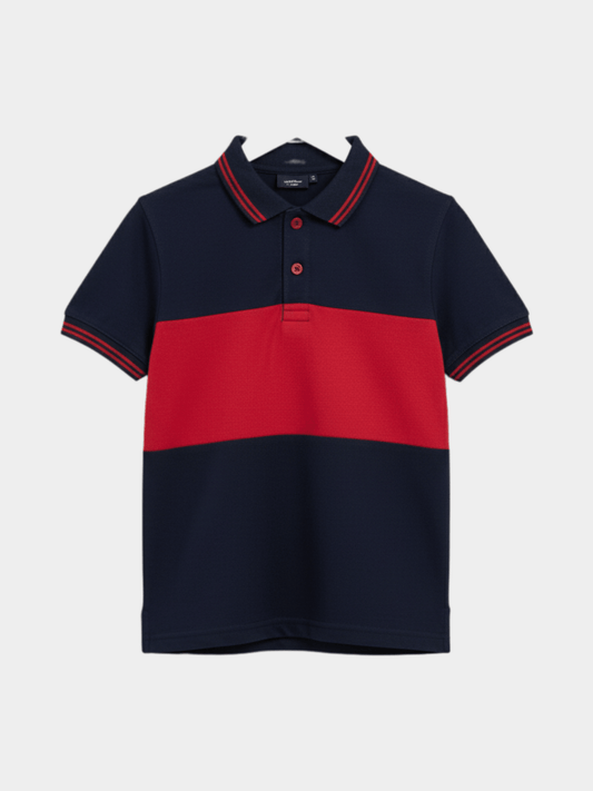 Boys' Navy & Red Color - Block Polo T-Shirt - Sporty Striped Cotton Piqué Tee - Childrengoods