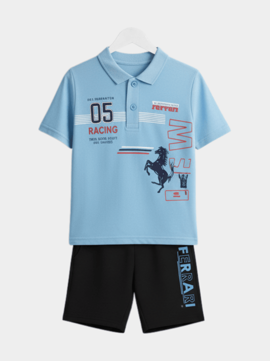Boys' Racing Polo & Navy Shorts Set - Light Blue Graphic Tee & Sporty Summer Outfit - Childrengoods
