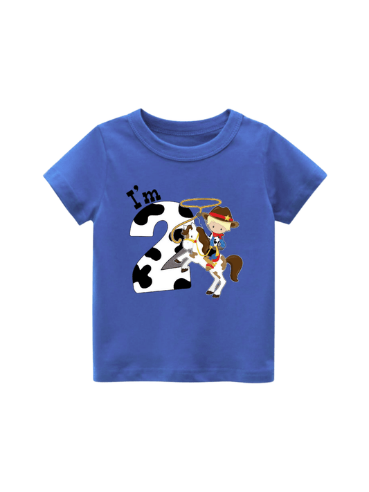 Boys' Second Birthday T-Shirt - Blue "I'm 2" Cowboy & Horse Graphic Tee - Childrengoods